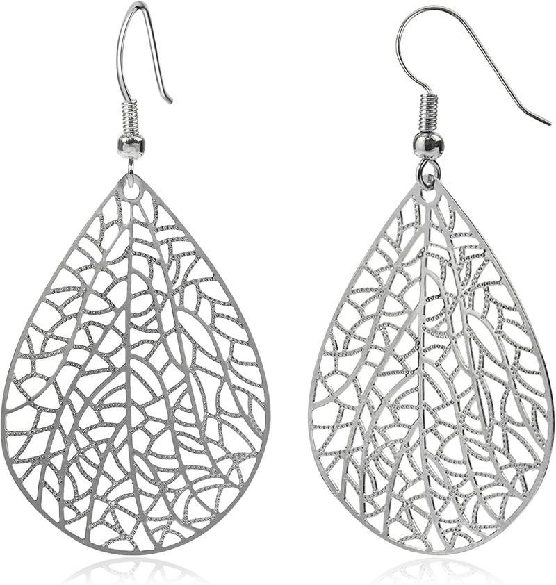 Teppdfann Store 14K Gold Plated Silver Rose Gold Teardrop Filigree Dangle Earrings Lightweight Leaf Drop Earrings for Christmas Gift - Image 1